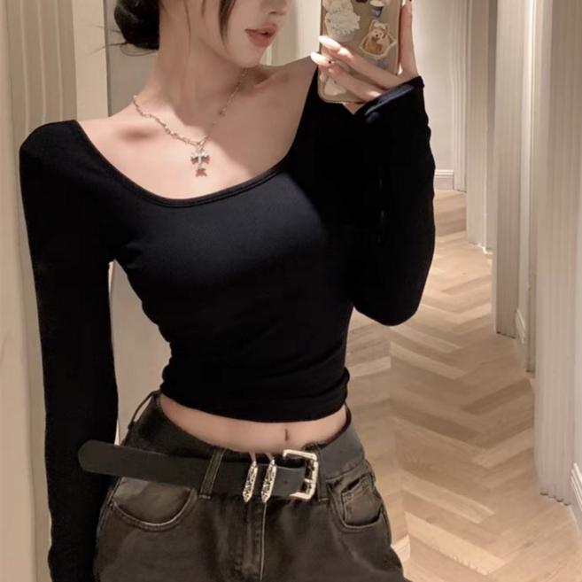 일월전빵 폭탄 재고정리 여성 백리스 뒷트임 투웨이 데일리 유넥 슬림핏 긴팔 티셔츠 오픈 긴팔티 반전뒷태 크롭티 BF-C085S