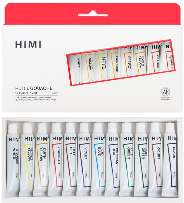 미야 히미 HIMI 과슈물감 수채화물감 세트, 12ml, 12색
