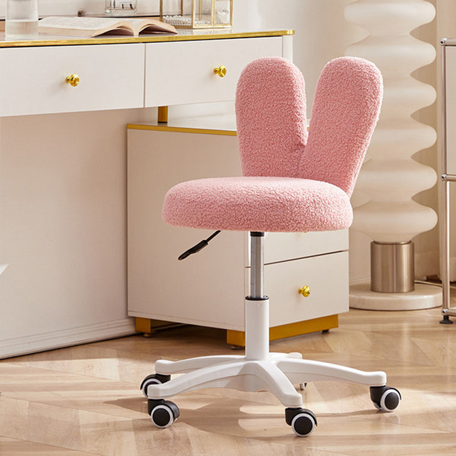 토끼귀 디자인 화장대 의자 테디보어 소재 높이조절 360도 회전 바퀴달린 인테리어 체어, 핑크, 1개