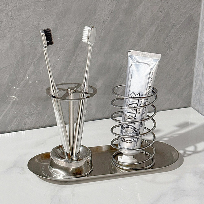 담아 스텐 칫솔꽂이 치약 스프링 홀더 칫솔치약 거치대 세트, 실버, 1개