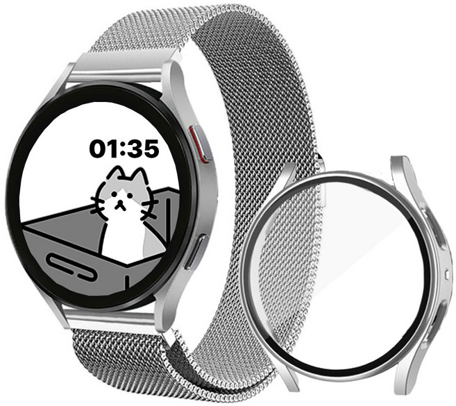 아이비온 갤럭시워치 호환 밀레니즈 루프 메탈 스트랩 + 풀커버 보호 케이스 세트, 퓨어실버