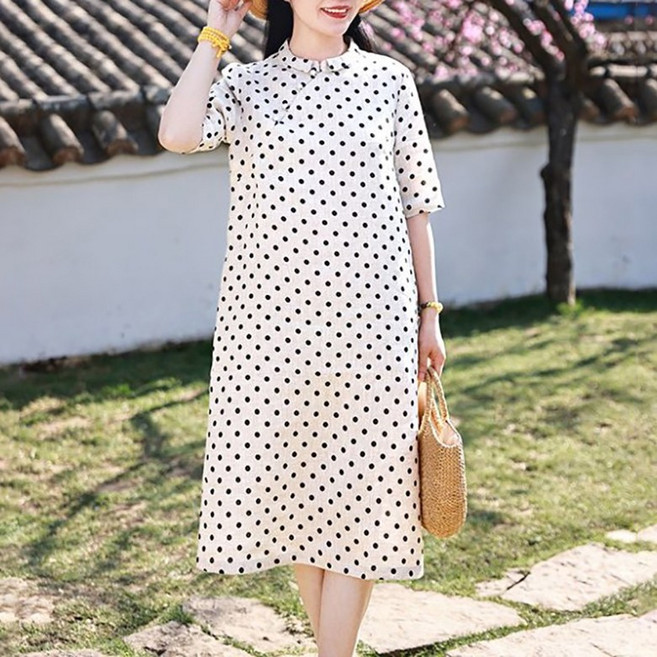 swygsqql 여름 여성 생활한복 루즈핏 도트 린넨 원피스 베이직 미디 반팔 원피스