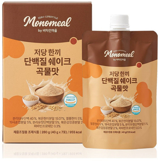 비타민마을 모노밀 저당 한끼 단백질쉐이크 파우치 곡물맛 크런치, 7개, 40g