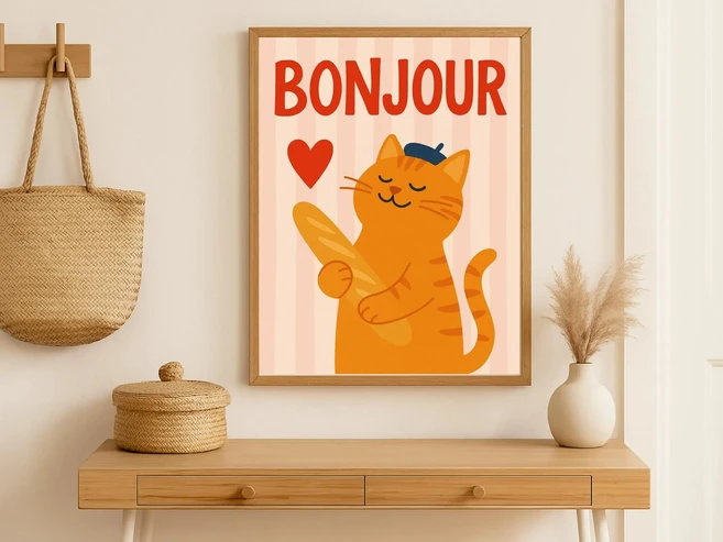 Bonjour Mon Amour 블랙 캣 아트 캔버스 프린트 미드 센추리 도그 드링크 커피 월 아트 포스터 모던 거실, C. 30x45cm Unframed, 13 CT652, 1개