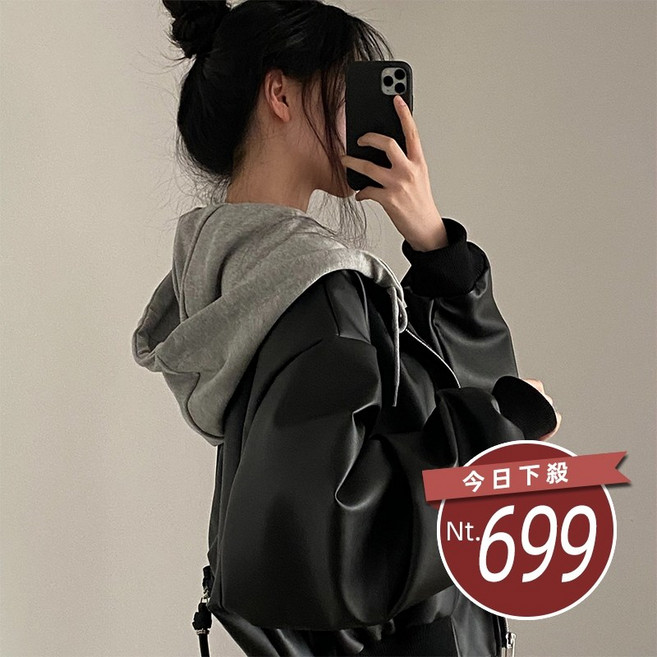 韓版假兩件連帽皮衣外套