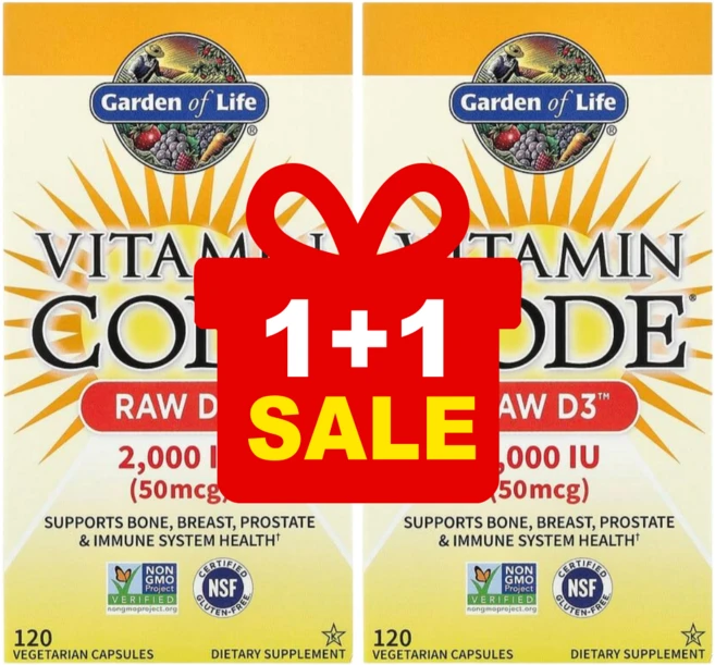 [1+1] 가든오브라이프 비타민 코드 로우 Vitamin Code RAW D3 2000IU 식물성 캡슐 120정 / 해외직구 미국정품, 2개 - 쿠팡