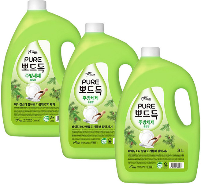 피죤 주방세제 퓨어 뽀드득 솔잎향 3L - H.C, 3개