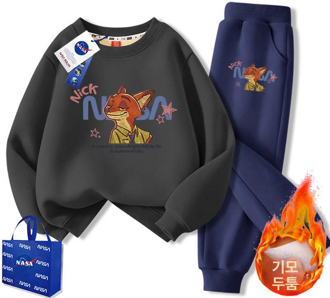 주토피아 맨투맨 티셔츠 주디 추리닝 동물 캐릭터 세트 상하복 기모 바지 겨울, N시리즈 여우 차콜그레이+다크네이비