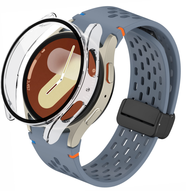 포근루프 갤럭시워치 호환 날개형 스포츠 실리콘 스트랩 타공 디버클 밴드 + PC 케이스, 블루+ 투명