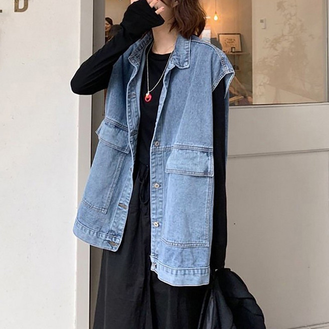 슬림소녀 여성용 오버핏 데님 베스트 청조끼 루즈핏 민소매 빅포켓 카고 재킷 코트