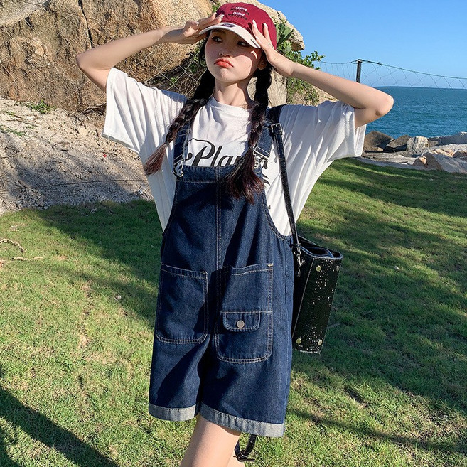 SAHINER 여성 데님 와이드 오버롤 스트랩 포켓 봄여름 반바지 ADK37