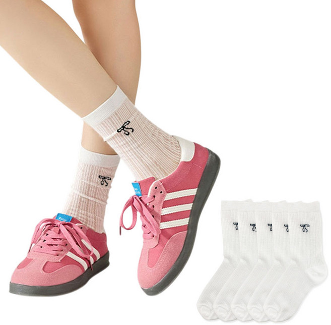 라미 여름 시스루 리본 골지 중목양말 5켤레