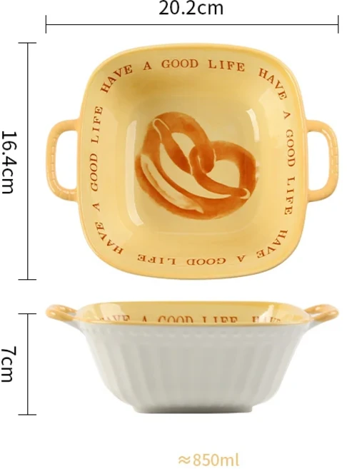 빵시리즈 세라믹 식기 언더글레이즈 컬러 요리 프랑스 스타일 인스 트렌드 단어 인쇄 가정용 그릇 접시 용, 05 two ear square bowl