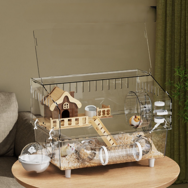 언더독5 햄스터 하우스 투명 아크릴 대형 2층 풀세트, 1개, 투명색
