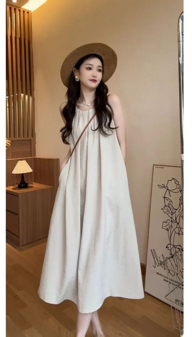 渡假傘狀洋裝 厚雪紡連身裙 無袖長裙, 杏色