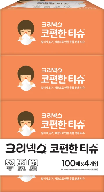 크리넥스 코편한 각티슈 1겹, 100개입, 4개 - 쿠팡