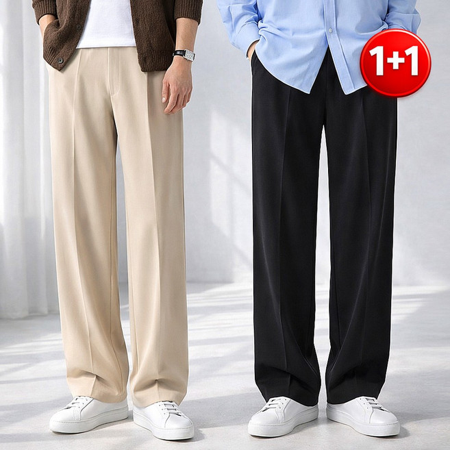 1+1 2장묶음 남자 세미와이드 슬랙스 밴딩 팬츠