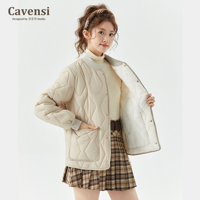 【Cavensi】M-4XL 日系菱格兩面穿棒球外套 大尺碼外套女 菱格紋 加絨 外套 麵包服 保暖外套 14T 15T