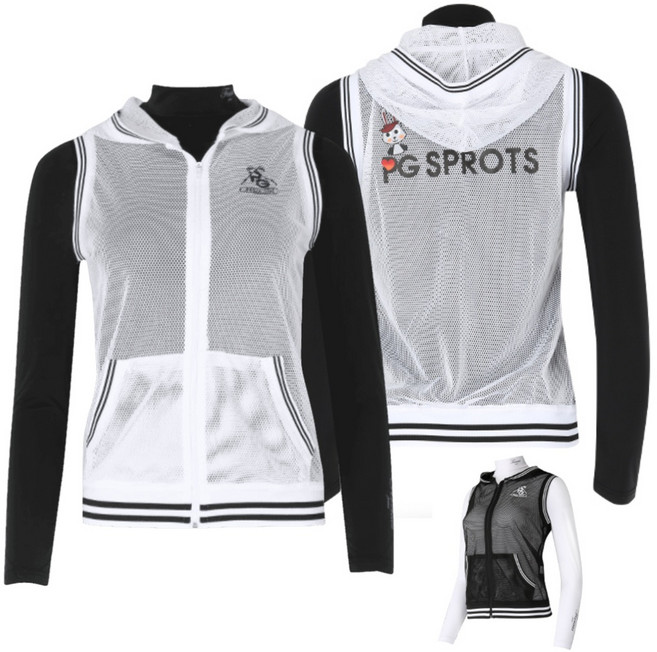 쾌적한 여름 여성 배색라인 후드 망사 골프조끼 통기성 친목회 사십대