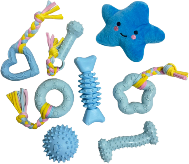 빅보스만물상 강아지 터그놀이 8종세트 장난감 치석제거 고무 로프 씹는 내구성 좋은 장난감, 1세트, 블루스카이