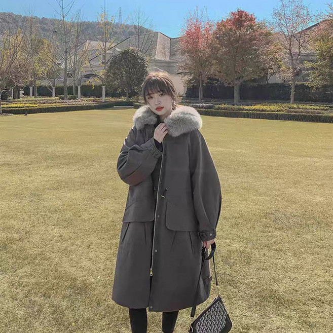 AOKADA 여성 겨울 오버핏 퍼 후드 야상 점퍼 롱패딩 털안감 롱코트