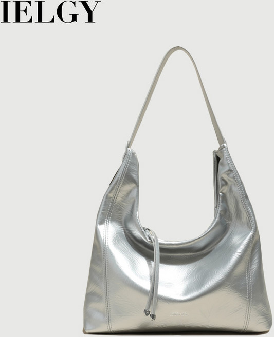 IELGY 여성용 대용량 실버 토트백 캐주얼하고 부드러운 표면 겨드랑이 가방 디자인