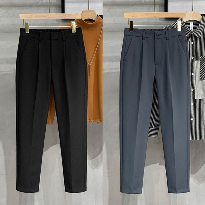 남성 캐주얼 정장바지 와이드 일자 9부팬츠 여름 편안한 오피스 얇은 슬랙스