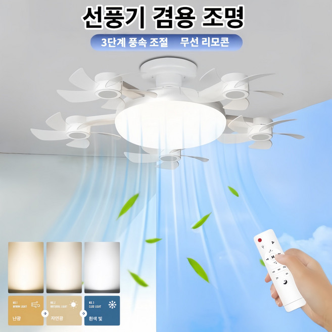 Mochae 천장형 실링팬 저소음 천장선풍기 조명 LED 3단계 풍속 조절 3가지 색상 가정용 무선 리모콘 선풍기 거실 침실 접이식 선풍기, 화이트