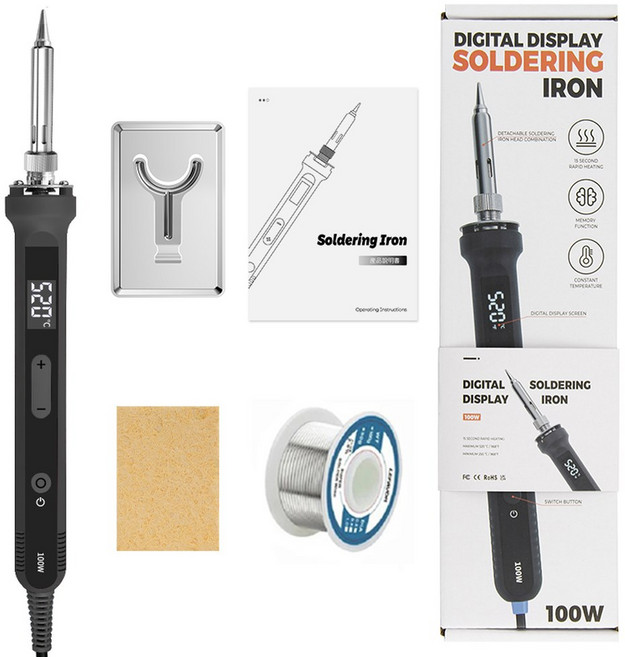 디지털 납땜 다리미 세트 키트 ON/OFF 스위치 온도 조절 가능 LED 용접 도구 세라믹 히터 팁 100W, 1개, 9) 110V US PLUG - Black SET 1