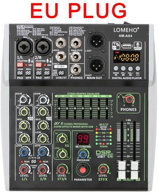 오디오 음향 디지털 믹서 오인페 호환 블루투스 99 dsp 효과에 적합한 미니 4 채널 사운드 믹싱 콘솔 usb 컴퓨터 재생 및 녹음 am-ax4, 01 AM-AX4 EU PLUG