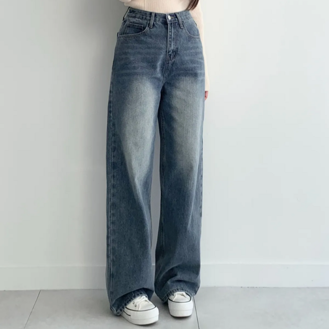 아이니 여성 워싱 와이드 청바지 데님 팬츠