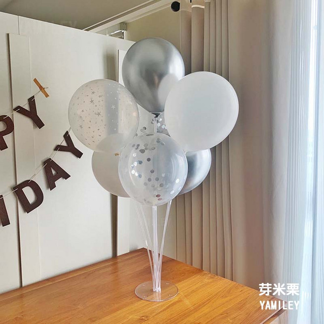 【芽米栗】7顆氣球桌飄組 桌飄氣球 氣球支架 生日佈置, 1個, 7顆氣球桌飄組-閃亮銀(含支架)