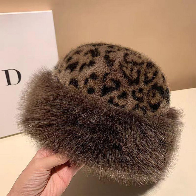 豹紋仿皮草保暖毛絨帽子女秋冬季復古加厚防寒顯臉小