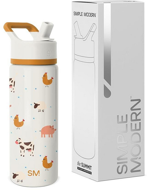 Simple Modern 아동용 서밋 빨대 뚜껑이 있는 물병 | 414ml(14온스) 스테인리스 스틸 컵 단열 텀블러 유아 학교용 | 다이노사우라, -농장 동물