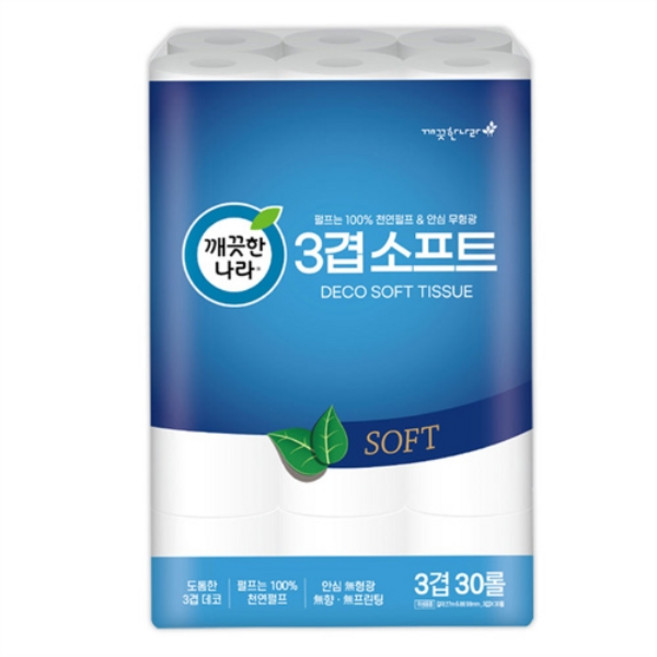 3겹데코소프트화장지 27M 30롤 깨끗한나라 3겹데코 깨끗한나라화장지 휴지류, 30개, 1개입