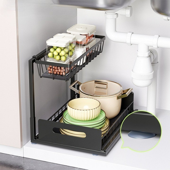 볼리오 2단 슬라이딩 주방 선반, 1개, 블랙