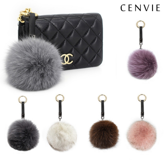 [센비]리얼폭스 여우털키링 폼폼이키링 블랙가죽체인 13color