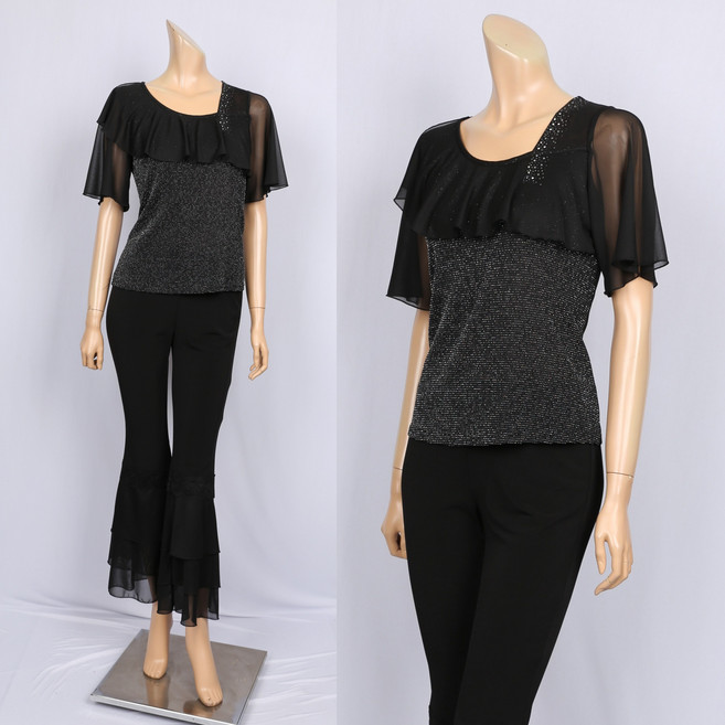 노브패리스 ALN3020 실버 반팔 쉬폰 티셔츠 66에서88 스판 라운드 여름 라인 라틴 줌바 밸리 연습복 국산 사계절 여자 댄스스포츠복