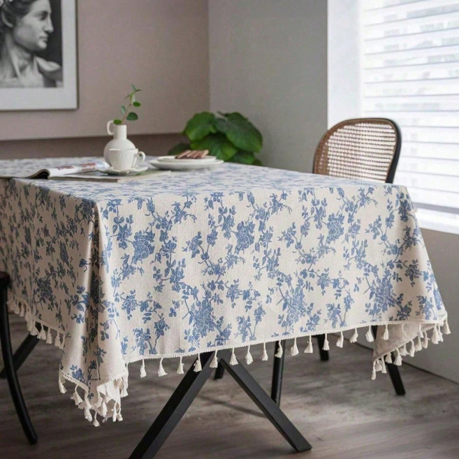 엘레강스 체크 프린지 테이블보 청화백자 패턴 방오 방수 패브릭 러너 레트로 프린트 파티 피크닉 카페용, 푸른 색, 140*220cm, 1개