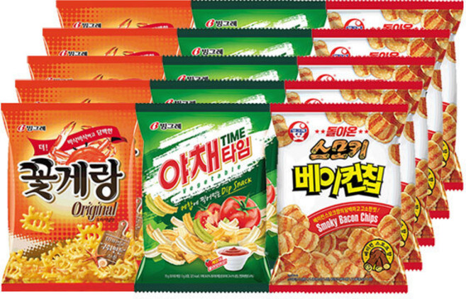 빙그레 꽃게랑 70g+야채타임 70g+스모키 베이컨칩 70gx각5개(총15개)