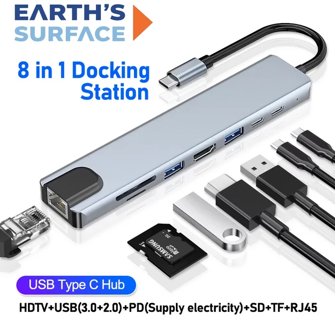 USB C 허브 8 in 1 타입 4K HDMI 호환 어댑터 (RJ45 SD/TF 카드 리더 PD 고속 충전 기능 포함) 맥북 노트북, 01 8 in 1