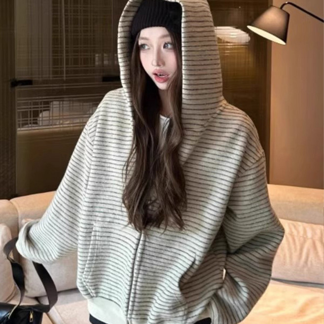 여성 봄 가을 스트라이프 오버사이즈 후드집업
