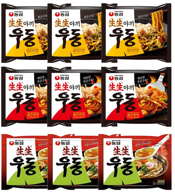 농심 생생야끼 우동 9개(우동맛3+데리야끼맛3+화끈한맛3), 1세트, 253g