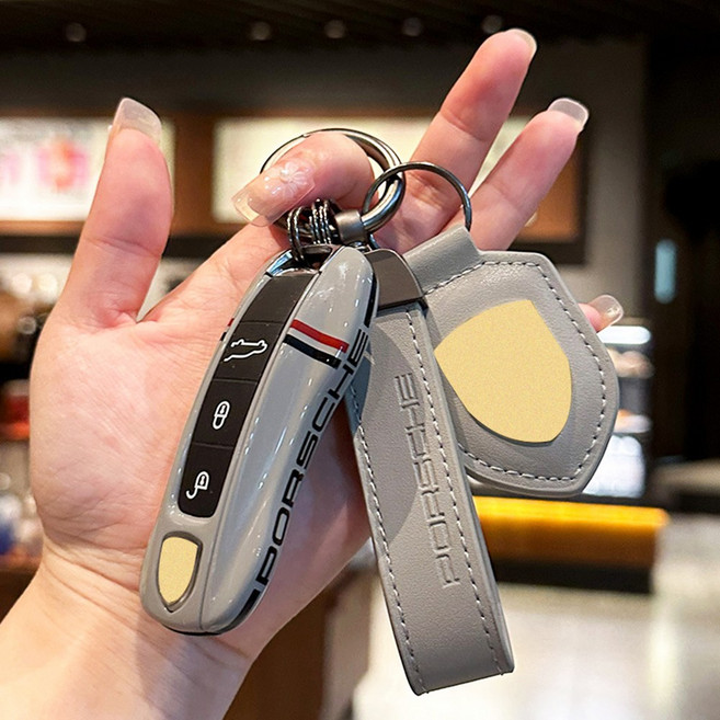 포르쉐 차 키케이스 키링 엠블럼 스트랩 세트, 신형포르쉐 키케이스+방패키링+스트랩, 스카이그레이