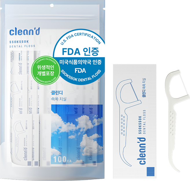 클린디 일회용 개별포장 초고밀도 폴리에탈린 고급 원사 사용 치실 100개입, 7.5cm, 1세트