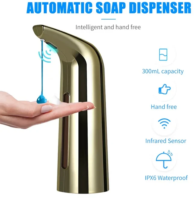 400mL 자동 비누 디스펜서 적외선 핸즈프리 터치리스 주방용 액체 로션 젤 챔버 손, Gold