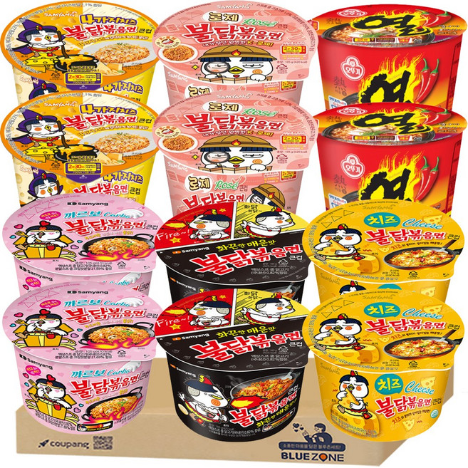 [블루존] 용기 컵라면 6종 세트 (불닭볶음면2 까르보불닭2 치즈불닭2 로제불닭2 네가지치즈불닭2 열라면2), 1개