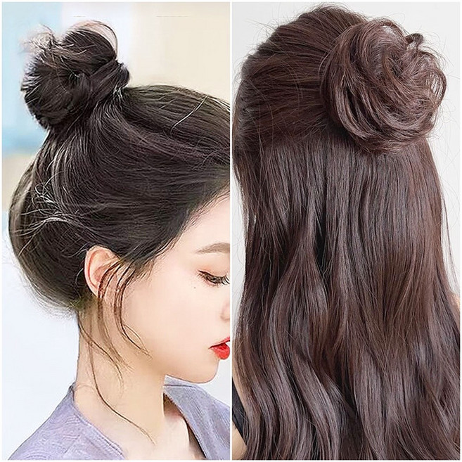 미즈코스 똥머리 볼륨 가발 집게핀 여자 당고머리 올림머리 부분 가발, 1개, 생머리1p+곱슬1p 다크브라운