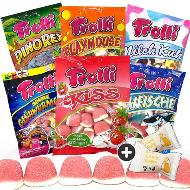 주전부리몰 트롤리 6종 세트(200g) 총6봉(+밀크츄2개 포함) 키스 다이노 상어 밀크쿠 마우스 글로웜즈, 1세트, 1.2kg