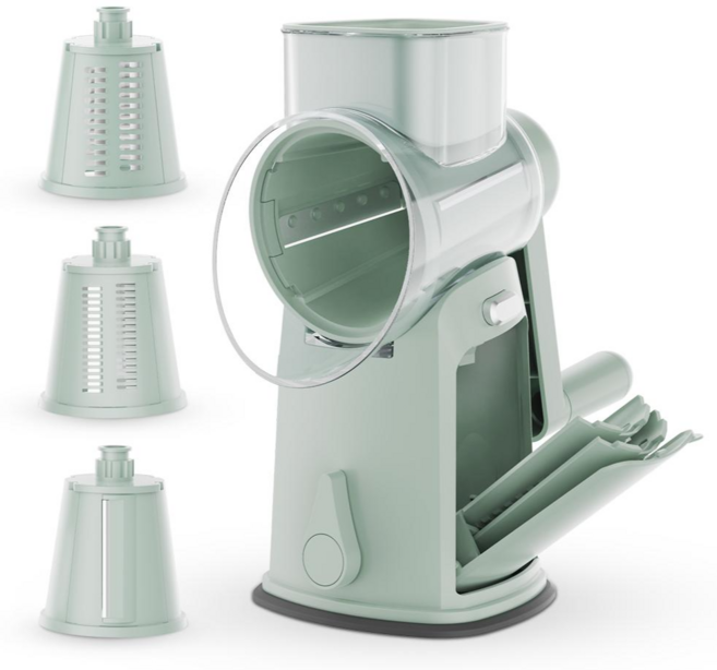 EVOKME 수납형 멀티 야채슬라이서 3in1 다용도 회전채칼 세트 당근 채써는기계 오이채썰기 감자 롤슬라이스 수동 대용량 가정용, 1세트, 그린